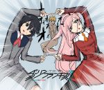  1girl 2boys arm_up bangs black_hair black_legwear blonde_hair blue_eyes commentary_request couple darling_in_the_franxx dragon_ball dragonball_z eyebrows_visible_through_hair finger_touching fusion_dance glasses gorou_(darling_in_the_franxx) green_eyes hair_ornament hairband hetero hiro_(darling_in_the_franxx) horns leaning_to_the_side long_hair long_sleeves looking_at_another looking_at_viewer military military_uniform multiple_boys necktie oni_horns pantyhose parody pink_hair red_horns red_neckwear short_hair style_parody uniform val_(escc4347) white_hairband zero_two_(darling_in_the_franxx) 