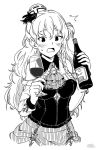  blush bottle braid breasts commentary_request corset cup drinking_glass french_braid fujinoki_(horonabe-ken) greyscale hat kantai_collection large_breasts long_hair mini_hat monochrome skirt solo wavy_hair wine_bottle wine_glass zara_(kantai_collection) 
