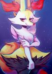  2018 3_fingers absurd_res anthro bedroom_eyes biped black_background black_fur braixen canine cheek_tuft digital_drawing_(artwork) digital_media_(artwork) eyelashes female flat_chested flufflix fluffy fluffy_tail fur half-closed_eyes half-length_portrait hi_res holding_arm holding_object looking_aside looking_away mammal multicolored_fur neck_tuft nintendo nude orange_eyes orange_tail outline pok&eacute;mon pok&eacute;mon_(species) portrait pseudo_clothing red_fur red_nose seductive shy simple_background smile snout solo standing stick toony tuft video_games white_fur yellow_fur 