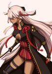  absurdres ahoge black_bow black_cape black_legwear bow breasts cape cleavage cleavage_cutout collarbone dark_skin dress eyebrows_visible_through_hair fate/grand_order fate_(series) floating_hair grey_background hair_between_eyes hair_bow hair_ribbon highres holding holding_sheath holding_sword holding_weapon katana long_hair medium_breasts murasaki_tachi okita_souji_(alter)_(fate) okita_souji_(fate)_(all) red_ribbon ribbon sheath short_dress silver_hair simple_background solo standing sword thigh_strap thighhighs unsheathed very_long_hair weapon yellow_eyes 