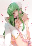  bangs bare_shoulders blush breasts c.c. china_dress chinese_clothes cleavage cleavage_cutout closed_mouth code_geass commentary_request creayus double_bun dress eyebrows_visible_through_hair food frilled_dress frills green_hair long_hair looking_at_viewer petals pink_frills pizza shiny shiny_hair shiny_skin sitting solo thighhighs white_dress white_legwear yellow_eyes 