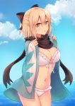  :o ahoge bangs bikini black_bow black_scarf blue_sky blush bow breasts cleavage cloud commentary_request cowboy_shot day eyebrows_visible_through_hair fate/grand_order fate_(series) fingernails frilled_bikini frills front-tie_bikini front-tie_top hair_between_eyes hair_bow haori horizon japanese_clothes koha-ace large_breasts light_brown_hair long_sleeves looking_at_viewer mole mole_under_eye navel ocean okita_souji_(fate) okita_souji_(fate)_(all) outdoors parted_lips sato_ame scarf sky sleeves_past_wrists solo standing swimsuit water white_bikini wide_sleeves yellow_eyes 