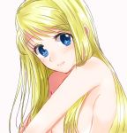  bangs bare_arms bare_shoulders blonde_hair blue_eyes blush breasts close-up commentary covering expressionless eyebrows_visible_through_hair eyelashes face fullmetal_alchemist hair_over_breasts head_tilt highres long_hair looking_at_viewer machi_(xxx503r) nude nude_cover shadow sideboob simple_background solo upper_body white_background winry_rockbell 