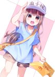  :d arm_up bag bangs blue_shirt blush brown_eyes brown_hair brown_shorts character_name chikuwa. clothes_writing collarbone commentary dutch_angle eyebrows_visible_through_hair flag flat_cap hair_between_eyes hat hataraku_saibou highres holding holding_flag long_hair looking_at_viewer open_mouth platelet_(hataraku_saibou) round_teeth shirt short_shorts short_sleeves shorts shoulder_bag smile solo teeth upper_teeth very_long_hair white_hat 