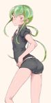  androgynous ass blush collagen flat_chest formal green_hair houseki_no_kuni jade_(houseki_no_kuni) long_hair looking_back short_shorts shorts simple_background suit 