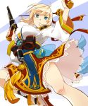  absurdres bangs breasts dual_wielding elsword eyebrows_visible_through_hair gun hair_between_eyes hair_ornament handgun highres hiraijin holding holding_weapon jamming_(elsword) large_breasts looking_at_viewer open_mouth revolver rose_(elsword) simple_background solo traditional_clothes weapon 