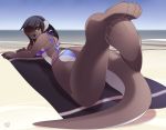  2018 anthro beach bikini black_hair clothing day detailed_background digital_media_(artwork) female green_eyes hair lying mammal mustelid on_front otter outside phation seaside sky smile solo swimsuit 