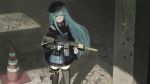  assault_rifle bangs beret black_dress black_hat black_legwear blue_hair closed_mouth commentary_request dress facial_mark girls_frontline gloves green_eyes gun hair_ornament hat heckler_&amp;_koch hk416 hk416_(girls_frontline) holding holding_gun holding_weapon long_hair long_sleeves looking_at_viewer rifle solo standing thigh_strap thighhighs traffic_cone turtleneck very_long_hair wasabi60 weapon white_gloves 