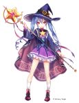  blue_hair cape copyright_name frilled_skirt frills hat holding holding_weapon interitio looking_at_viewer red_eyes sid_story skirt socks staff star twintails uniform weapon witch witch_hat 