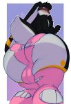  anthro big_bulge big_butt blush bulge butt clothing huge_butt lagomorph lavenderpandy low-angle_view male mammal rabbit solo thick_thighs torn_clothing 