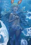  air_bubble alternate_costume animal_ears bangs blue breasts bubble caustics dress erune feet_out_of_frame ferry_(granblue_fantasy) fish granblue_fantasy highres jellyfish light_blue_hair long_hair open_mouth orange_eyes ribbon short_dress sideboob skeleton sleeveless sleeveless_dress solo sunao_(souis) sundress underwater 