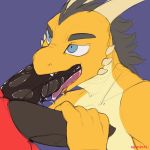 2018 anthro black_hair dragon duo erection fellatio hair handjob hi_res horn keishinkae male male/male nude oral red_scales saliva scales scalie seraph_sharpscale sex simple_background tarkus_j._queen western_dragon yellow_scales 