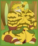  2018 anthro balls clothed clothing colosseum_colossus digital_media_(artwork) english_text feline fur hair hi_res invalid_tag macan_(character) male mammal muscular notkastar solo striped_fur stripes tagme text thong tiger 