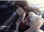  1girl akagi_(kantai_collection) bangs breasts brown_eyes brown_hair cloud cloudy_sky from_side hand_up highres japanese_clothes kantai_collection kimono long_hair muneate nontraditional_miko ocean outdoors sidelocks sky solo sowame_xx sunlight tasuki upper_body white_kimono wind 