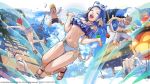  4girls animal_ears arms_up au_ra belt bikini blonde_hair blue_bikini blue_eyes blue_hair cat cat_ears closed_eyes day dragon_horns dragon_tail elezen elf eyewear_on_head facial_mark festival final_fantasy final_fantasy_xiv frilled_bikini_top gold_bikini halterneck highres horns lalafell long_hair miqo'te multiple_boys multiple_girls official_art one-piece_swimsuit open_clothes open_mouth open_shirt pink_hair pointy_ears roegadyn sandals scales shorts silver_hair striped striped_bikini summer sunglasses swimsuit tail water watermark 