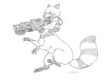  2018 5_fingers angry beastbehavior belt bottomless claws clothed clothing featureless_crotch fluffy fluffy_tail gloves_(marking) guardians_of_the_galaxy gun holding_object holding_weapon jacket jumping mammal markings marvel monochrome partially_clothed procyonid procyonid_taur raccoon raccoon_taur ranged_weapon ringtail rocket_raccoon signature simple_background socks_(marking) solo taur taurification teeth weapon white_background 