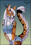  abs anthro canine clothing female fox horn long_tail mammal purple_eyes silvergrin smile solo 