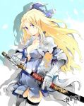  armor armored_dress asakura_ryousuke black_legwear blonde_hair blue_bow blue_dress bow bravely_default_(series) bravely_second:_end_layer breasts cleavage closed_mouth dress edea_lee gauntlets hair_bow katana long_hair medium_breasts purple_eyes sheath short_dress silhouette smile solo sword thighhighs thighs unsheathing weapon 