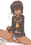  arm_support black_serafuku black_skirt blush brown_eyes brown_hair collarbone dark_skin fundoshi japanese_clothes kagari_rukako lifted_by_self looking_at_viewer loose_socks midriff neckerchief open_mouth original oteruko_(wanabeee) pleated_skirt school_uniform serafuku short_hair skirt skirt_lift solo spread_legs sweatdrop 