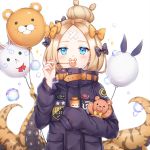  :o abigail_williams_(fate/grand_order) bangs black_bow black_jacket blonde_hair blue_eyes bow bubble bubble_blowing commentary_request fate/grand_order fate_(series) fou_(fate/grand_order) hair_bow hair_bun hand_up heroic_spirit_traveling_outfit holding jacket long_hair long_sleeves looking_at_viewer object_hug open_mouth orange_bow parted_bangs polka_dot polka_dot_bow pong_(vndn124) round_teeth simple_background sleeves_past_fingers sleeves_past_wrists solo stuffed_animal stuffed_toy suction_cups teddy_bear teeth tentacles upper_teeth white_background 