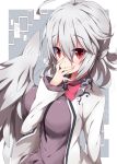 ahoge bangs blush bow breasts commentary dress eyebrows_visible_through_hair feathered_wings fingernails hair_between_eyes hand_on_own_face hand_up jacket kishin_sagume large_breasts long_hair long_sleeves looking_at_viewer milkpanda open_clothes open_jacket parted_lips purple_dress red_bow red_eyes silver_hair silver_wings single_sleeve solo touhou white_jacket wings 