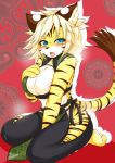  2018 anthro areola_slip blonde_hair blue_eyes blush breasts brown_stripes cheek_tuft chinese_clothing cleavage cleavage_cutout clothed clothing feline female fur hair hi_res inner_ear_fluff kneeling looking_at_viewer mammal megane_inu open_mouth ribbons solo striped_fur stripes tail_tuft tiger tongue tongue_out tuft zhang_fei_(fullbokko_heroes) 