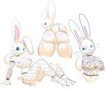  2018 anthro big_butt blue_eyes breasts butt elpatrixf female fishnet fur lagomorph looking_at_viewer mammal nipples ponytail pose presenting presenting_breasts presenting_hindquarters rabbit rear_view simple_background solo white_fur 