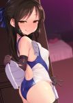  :q ass bangs bed bedroom black_gloves black_legwear blurry blurry_background blush breasts breath brown_eyes brown_hair closed_mouth competition_swimsuit condom_wrapper cowboy_shot depth_of_field dutch_angle earrings elbow_gloves eyebrows_visible_through_hair gloves hair_ribbon half_updo heavy_breathing idolmaster idolmaster_cinderella_girls in_swimsuit indoors jewelry long_hair looking_at_viewer one-piece_swimsuit ribbon satou_kuuki small_breasts smile solo swimsuit tachibana_arisu thighhighs tongue tongue_out towel w wet 
