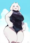  2018 beach bebebebebe big_breasts blush boss_monster breasts caprine clothing cute_fangs day detailed_background dress female goat hat horn inner_tube mammal mature_female open_mouth outside purple_dress sand sea seaside signature sky smile solo standing sweat swimsuit toriel undertale video_games water 