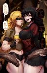  2girls belly black_hair blindfold blonde_hair breasts comic eyebrows jlullaby long_hair multiple_girls open_mouth penis raven_branwen red_eyes rwby shirt shorts smile stomach teeth testicles yang_xiao_long 
