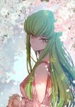  alternate_costume bangs bare_shoulders breasts c.c. casual cherry_blossoms closed_mouth code_geass creayus dappled_sunlight day eyebrows_visible_through_hair flower from_side green_hair long_hair long_sleeves looking_at_viewer looking_to_the_side medium_breasts outdoors petals ribbon_trim shade shoulder_cutout smile solo straight_hair sunlight tsurime upper_body very_long_hair yellow_eyes 