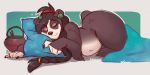  2018 anthro bear bedding belly black_nose blanket blizzard_entertainment dark_hair ear_piercing eyes_closed female hair hairband long_hair lying mammal navel nude pandaren piercing pillow sleeping smile solo thick_thighs two_tone_background video_games vurrus warcraft wide_hips 