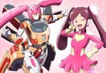  ;d dress gloves headset looking_at_viewer mecha niiyan one_eye_closed open_mouth pilot_suit pink_dress pink_eyes pink_legwear shinkansen_henkei_robo_shinkalion short_dress smile thighhighs twintails ueda_azusa v what_if yellow_gloves 