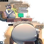 anthro before_and_after belly belly_expansion big_belly canine clothing desk dialogue digestion english_text fur grey_fur gurgle hair hyper hyper_belly inflation male mammal office offscreen_character paper smile sound_effects stomach_noises sweat tanio text wolf work 