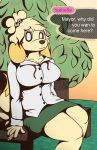  animal_crossing anthro bell bench big_breasts breasts canine chair clothing dialogue dog evening female isabelle_(animal_crossing) makydeli_(artist) mammal nintendo outside pencil_(object) sitting skirt smile sunset text thick_thighs tree video_games wide_eyed 
