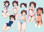  1girl :q ;) arm_behind_back arm_support arm_up bangs bare_arms bare_shoulders barefoot bikini black_bikini black_hair blue_background blue_bikini blue_bow blue_sailor_collar blue_swimsuit blush bow breasts chibi closed_mouth collarbone commentary competition_school_swimsuit contrapposto covered_navel cowboy_shot cropped_legs eyebrows_visible_through_hair frilled_bikini_top from_below groin hair_between_eyes hair_bow hand_in_hair hand_up head_tilt holding holding_towel kurokawa_makoto looking_at_viewer love_live! love_live!_school_idol_project medium_hair multiple_views navel one-piece_swimsuit one_eye_closed open_mouth outstretched_arm plaid plaid_bikini reclining red_bow red_eyes red_ribbon ribbon sailor_bikini sailor_collar salute school_swimsuit shade shiny shiny_hair shiny_skin side-tie_bikini simple_background small_breasts smile spaghetti_strap standing stomach string_bikini striped striped_bikini swimsuit thighs tongue tongue_out towel twintails white_bikini white_towel yazawa_nico 