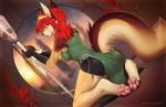  2018 anthro ayn blue_eyes breasts butt butt_pose canine clothed clothing digital_media_(artwork) ear_piercing f-r95 female hair jackal kneeling looking_back mammal pawpads piercing pink_pawpads rear_view red_hair solo sweat url 