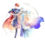  1girl armor bare_shoulders blue_eyes blue_hair cape dress eliwood_(fire_emblem) fire_emblem fire_emblem:_rekka_no_ken fire_emblem_heroes full_body hair_ornament kuzumosu long_hair mamkute ninian open_mouth red_eyes red_hair roy_(fire_emblem) short_hair smile 