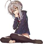  ahoge akieda artoria_pendragon_(all) between_legs black-framed_eyewear black_legwear blonde_hair braid commentary_request eyebrows_visible_through_hair fate/grand_order fate_(series) french_braid full_body glasses hair_between_eyes hand_between_legs hand_to_own_mouth looking_at_viewer mysterious_heroine_x_(alter) no_pants no_shoes open_mouth ribbon school_uniform semi-rimless_eyewear serafuku short_hair simple_background sitting smile solo thighhighs under-rim_eyewear white_background yellow_eyes 