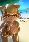  2018 4_fingers anthro beach bent_over bikini blush breasts brown_fur canine cheek_tuft clothing dialogue english_text female front_view fur hair half-closed_eyes inner_ear_fluff mammal outside pawpads pointing_at_viewer seaside short_hair solo swimsuit talking_to_viewer tetto text tuft wet yellow_eyes 