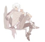  bandages cloak fringe_trim gloves hair_over_one_eye highres looking_at_viewer male_focus octopath_traveler scarf short_hair solo tecchen therion_(octopath_traveler) white_background white_hair 