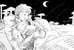  2018 ariyoshi00db closed_eyes commentary_request crescent_moon dated dragon_ball dragon_ball_(classic) fingernails greyscale hug long_hair lying lying_on_person male_focus monochrome moon night night_sky open_mouth outdoors pillow puar shooting_star sitting sky sleeping sleeping_on_person star_(sky) starry_sky tail twitter_username white wristband yamcha 