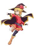  :d bandaged_leg bandages belt black_gloves black_legwear blonde_hair boots cape cato_(monocatienus) commentary cosplay dress fingerless_gloves full_body gloves hair_ribbon hat knee_boots kono_subarashii_sekai_ni_shukufuku_wo! long_sleeves megumin megumin_(cosplay) open_mouth outstretched_arm red_dress red_eyes ribbon rumia short_hair simple_background single_thighhigh smile solo thighhighs touhou white_background witch_hat 