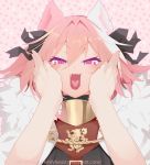  animal_ears astolfo_(fate) black_ribbon blush cat_ears cheek_squash eyebrows_visible_through_hair face fang fate/apocrypha fate_(series) fur_trim hair_between_eyes hair_intakes hair_ribbon hands_on_another's_face heart heart_in_mouth looking_at_viewer open_mouth out_of_frame pink_hair pov pov_hands purple_eyes ribbon short_hair solo_focus srinitybeast watermark web_address 