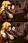  2girls abs black_hair blindfold blonde_hair breasts comic eyebrows jacket jlullaby long_hair multiple_girls penis raven_branwen red_eyes rwby shirt smile sweat testicles text tongue tongue_out yang_xiao_long 