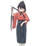  biting biting_clothes black_hair hakama high_ponytail holding_clothes houshou_(kantai_collection) japanese_clothes kantai_collection kimono looking_down matsutani pantyhose ponytail simple_background solo standing tasuki white_background white_legwear 