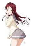  artist_logo cowboy_shot grey_sailor_collar grey_skirt hair_ornament hairclip half_updo hand_on_own_chin leaning_forward long_hair love_live! love_live!_sunshine!! pleated_skirt puma_(hyuma1219) red_hair sailor_collar sakurauchi_riko school_uniform simple_background skirt solo uranohoshi_school_uniform white_background yellow_eyes 