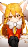  animal_ears blush bow bowtie coat commentary eyebrows_visible_through_hair ezo_red_fox_(kemono_friends) fox_ears fox_tail fur_trim gloves kemono_friends long_hair long_sleeves lying mia_(miaflocon) necktie on_stomach orange_hair solo symbol_commentary tail yellow_eyes 