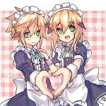  april_fools apron blush chung_seiker elsword fury_guardian_(elsword) heart heart_hands maid_apron maid_dress maid_headdress multiple_boys otoko_no_ko shooting_guardian_(elsword) simple_background smile wanko_(takohati8) 