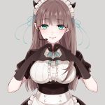 apron bangs blush breasts brown_gloves brown_hair brown_skirt center_frills chisumi closed_mouth commentary_request elbow_gloves eyebrows_visible_through_hair frilled_apron frills gloves green_eyes grey_background hands_up headset heart heart_hands highres horns large_breasts long_hair maid_headdress original pointy_ears puffy_short_sleeves puffy_sleeves short_sleeves simple_background skirt smile solo very_long_hair waist_apron white_apron 